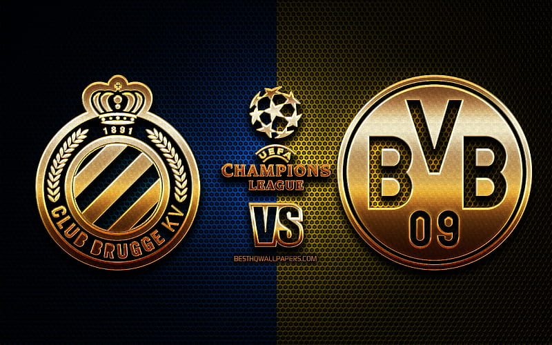 Brugge vs Borussia Dortmund, season 2020-2021, Group F, UEFA Champions League, metal grid backgrounds, golden glitter logo, BVB, Club Brugge KV, UEFA, HD wallpaper