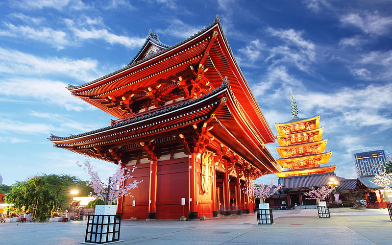 Asakusa Kannon Temple, Buddhist temple, Tokyo, evening, japanese architecture, temple, japan, HD wallpaper