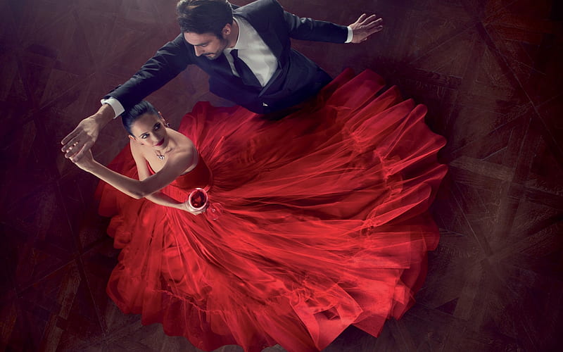 Eva Green, red, dress, man, woman, girl, actress, dance, couple, HD wallpaper