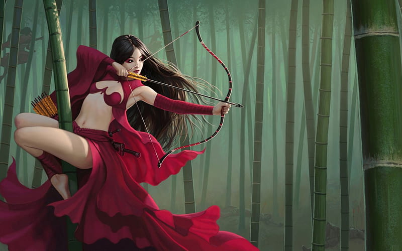 Archer, red, forest, art, dress, game, woman, arrow, fantasy, girl, green, HD wallpaper