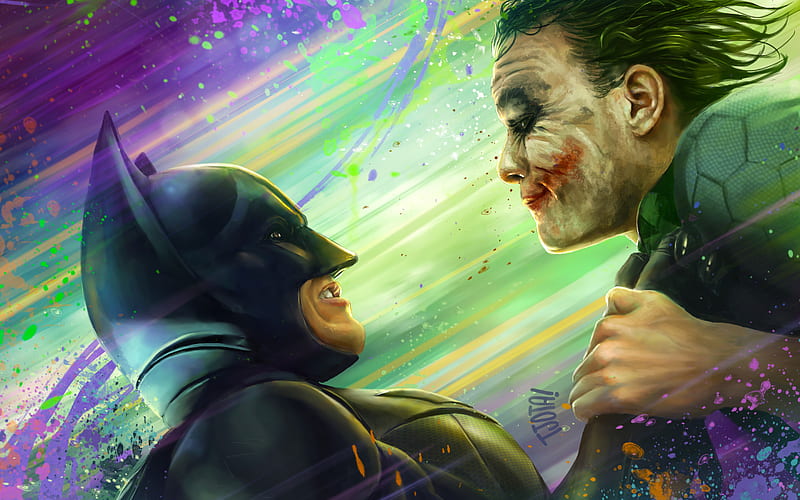Joker vs Batman, battle, superheroes, artwork, Batman, Joker, superheroe vs anti-hero, DC Comics, anti-hero, HD wallpaper