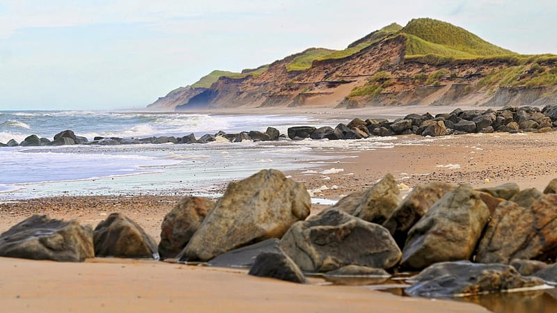 wonderful rocky beach, beach, rocks, waves, mounds, HD wallpaper