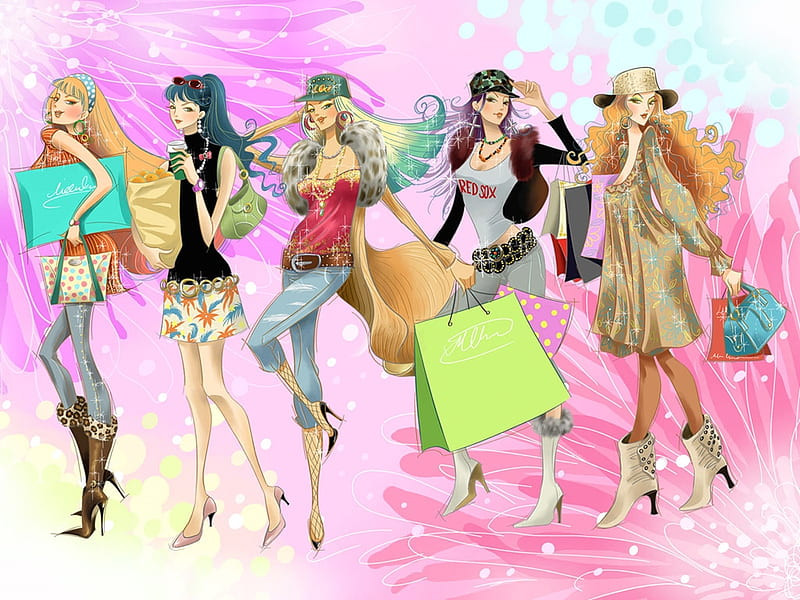 Girls on shopping spree, art, girls, fashion, people, HD wallpaper