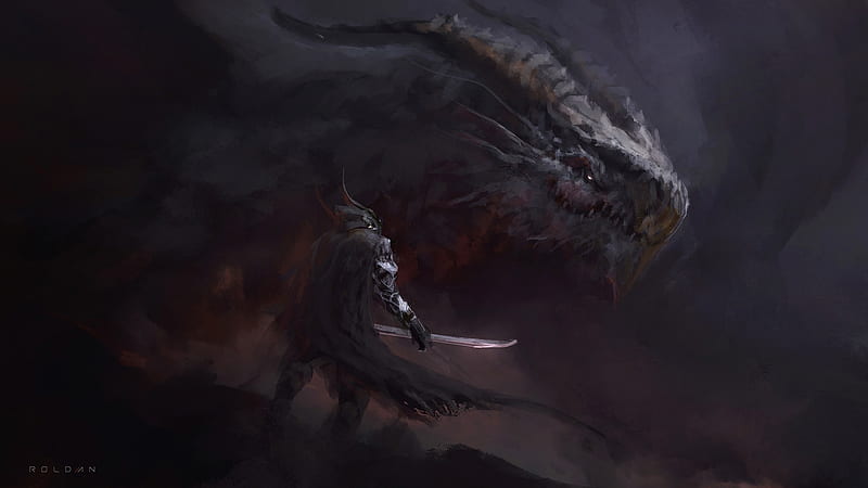 dragon and knight, darkness, illustration, artwork, sword, armor, Fantasy, HD wallpaper