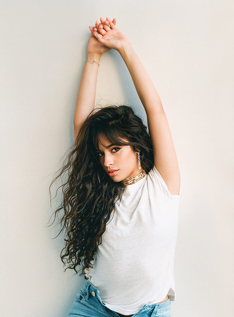Camila Cabello, women, singer, cuban, brunette, long hair, simple background, T-shirt, HD phone wallpaper