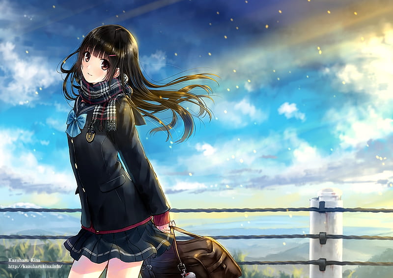 After School, fence, pretty, scenic bag, adore, bonito, adorable, sublime, student, sweet, nice, anime, beauty, anime girl, scenery, long hair, black hair, school uniform, female, cloud, lovely, skirt, sky, cute, kawaii, girl, uniform, scene, HD wallpaper