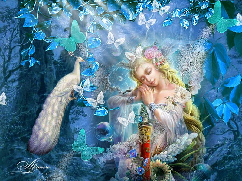 Sweet Dreams, fantasy, peacock, dreams, lady, sweet, HD wallpaper