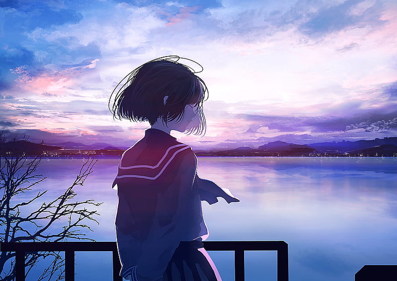 anime landscape, school uniform, anime girl, short hair, clouds, scenic, Anime, HD wallpaper