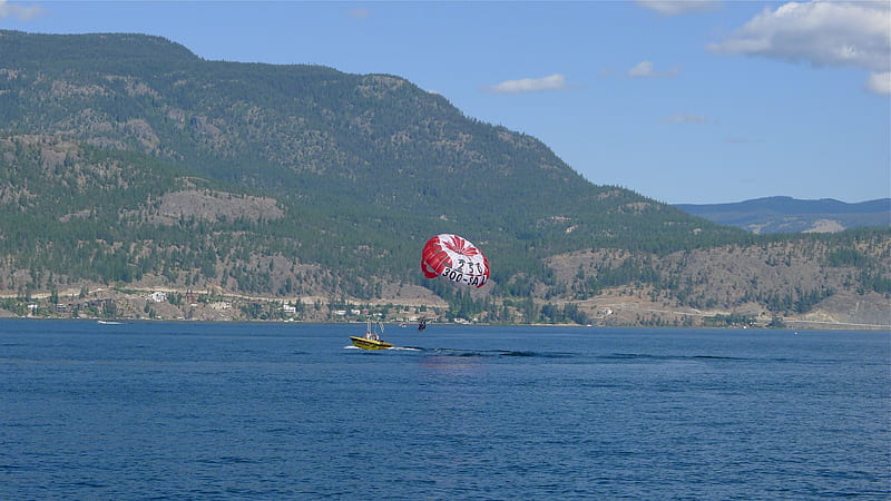 What a ride!, canadians, water, ride, parasailing, speedboat, blue sky, lake, HD wallpaper