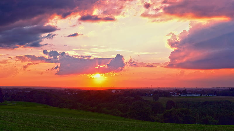 Rheinland, Sunset, Landscape Ultra, Nature, Sun & Sky, View, Summer, Color, Sunset, Germany, Clouds, Vivid, northrhinewestphalia, solingen, dusseldorf, Rheinland, HD wallpaper