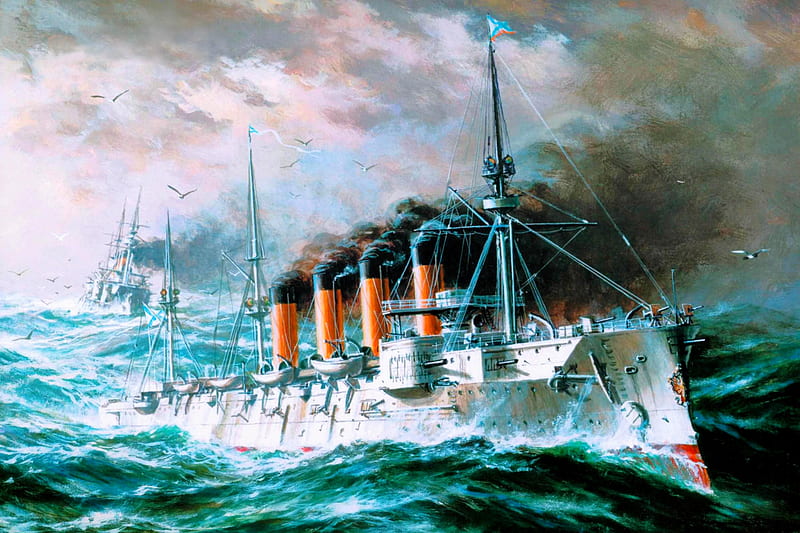 Early Russian Power, world, art, guerra, steamer, wwi, boat, battle, ship, drawing, painting, russian, ww1, warship, HD wallpaper