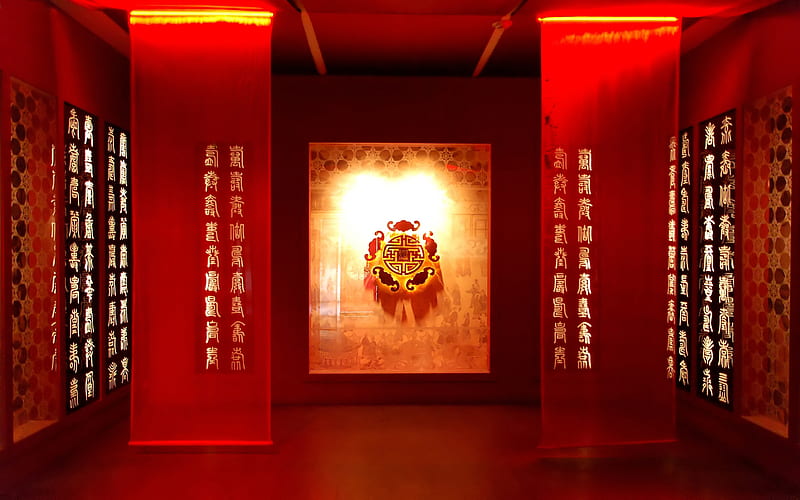 Inside a Chinese Palace - The Red Room, red room, chinese, abstract, ancient chinese characters, banners, HD wallpaper
