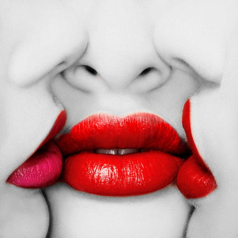 Kisses, sensual, red and white, seductive, three lips, red passion, women, red lips, HD wallpaper