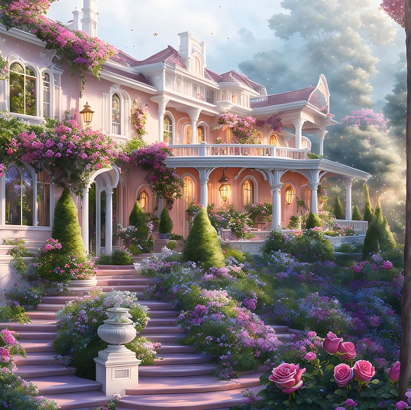 Pritty in Pink, opulence, art, house, paths, balcony, large, gardens, pink, pretty, fantasy, abstract, rich, double-story house, flowers, mansion, HD wallpaper