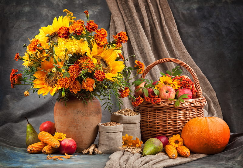 Autumn arrangement, fall, still life, autumn, bouquet, fruits, basket, flowers, arrangement, vase, HD wallpaper