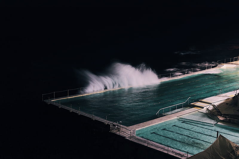 rectangular blue swimming pool during night time, HD wallpaper