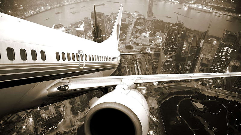 leaving the city, city, grey scale, plane, take off, HD wallpaper