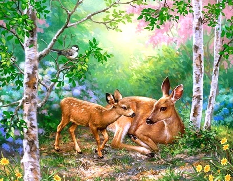 Deer of Spring, family, lovely, colors, love four seasons, birds, bonito, spring, trees, deer, cute, paintings, forests, animals, HD wallpaper