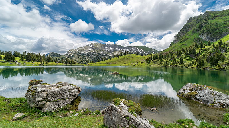 Green Covered Mountain Under White Cloudy Sky With Reflection On Lake Nature, HD wallpaper