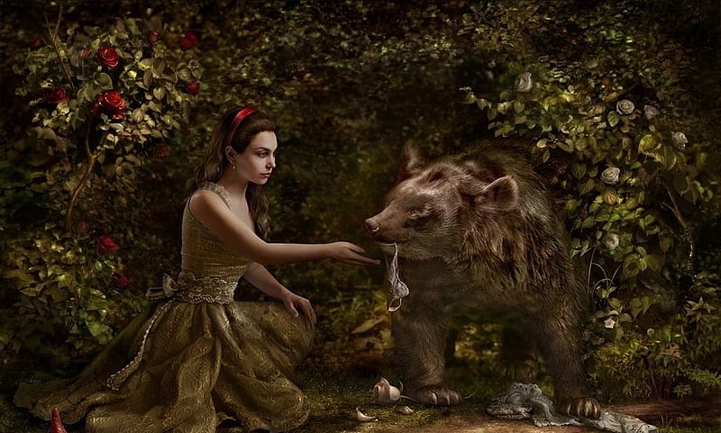 Beauty and the beast, fantasy, girl, cornacchiaart, bear, cornacchia-art, HD wallpaper