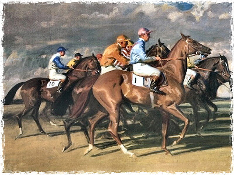 High Stakes a Newmarket - Horses 5, art, jockeys, thoroughbred, alfred j munnings, equine, munnings, horse, artwork, painting, thorobred, oldmaster, race horses, HD wallpaper