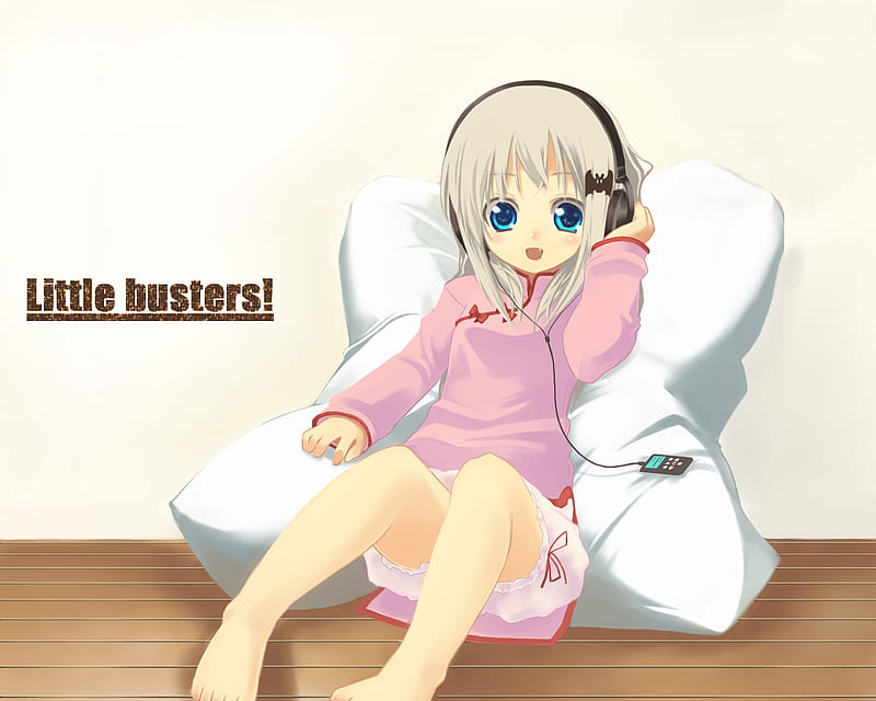 She likes her music, little busters, pillow, buster, girl, music, headphones, HD wallpaper