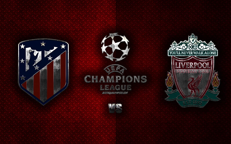 Atletico Madrid vs Liverpool FC, UEFA Champions League, 2020, metal logos, promotional materials, red metal background, Champions League, football match, Atletico Madrid, Liverpool FC, HD wallpaper