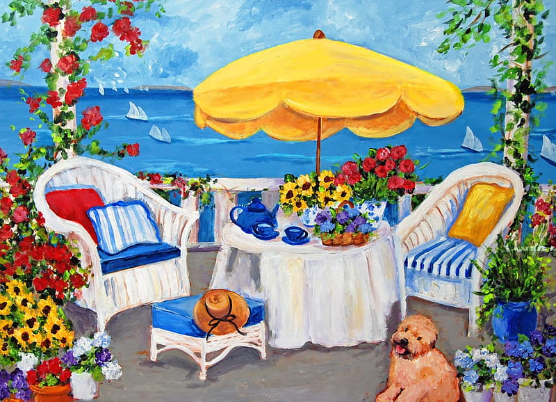 A sweet place, pretty, shore, umbrella, bonito, sea, sweet, beach, painting, flowers, dog, puppy, table, art, rest, view, relax, waves, roses, cute, paradise, summer, coast, HD wallpaper