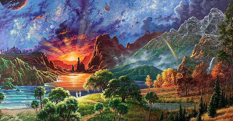 Dreaming and Believing, sun, yosemite falls, yellow aspens, appalachians, rainbow, rock arch, artwork, palms, painting, HD wallpaper