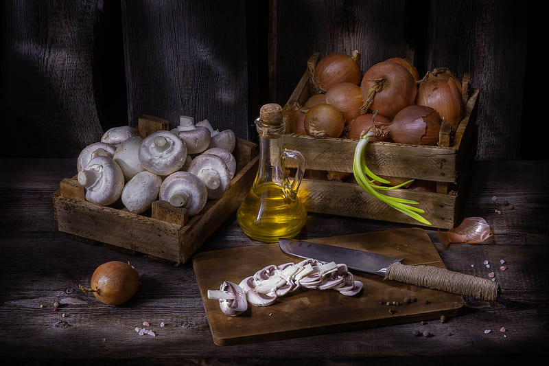 Food, Still Life, Mushroom , Oil , Onion, HD wallpaper