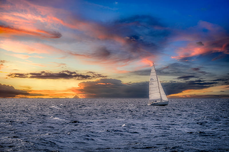 sailboat, sunset, sea, horizon, HD wallpaper