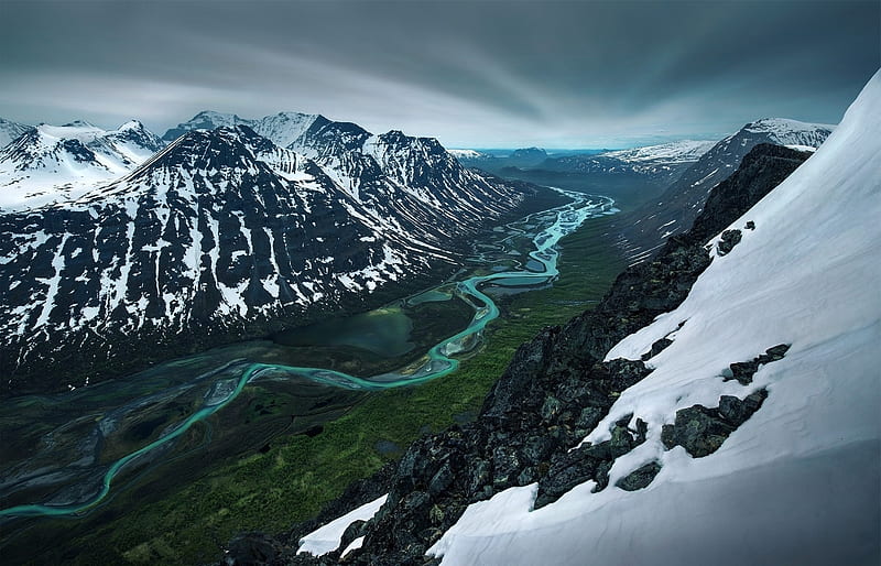 Earth, Valley, Landscape, Mountain, River, Snow, Sweden, HD wallpaper