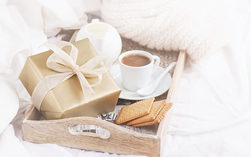 Romance, breakfast in bed, cup of coffee, gift box, cookies, breakfast, HD wallpaper