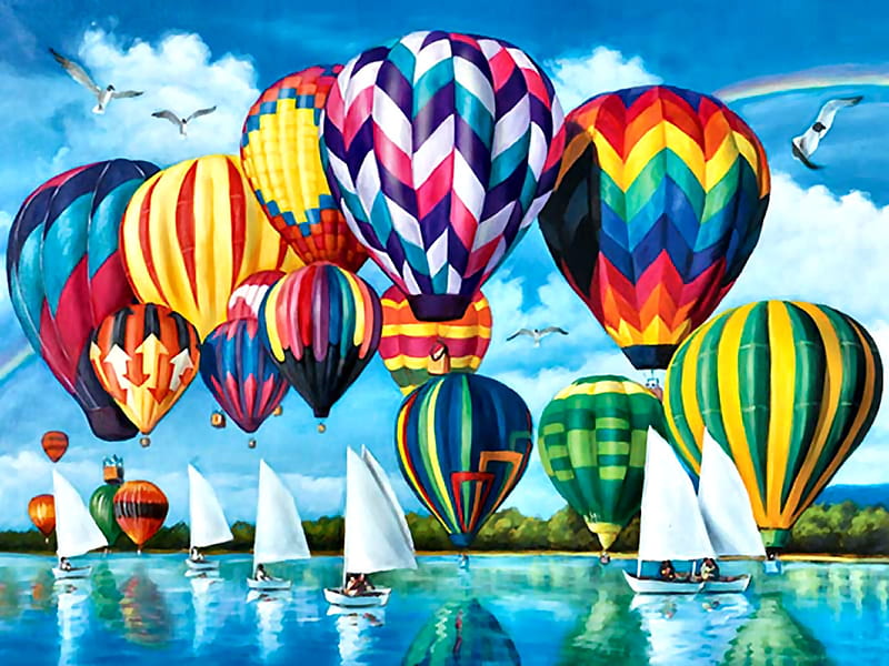 Hot Air Balloons F1, art, flight, bonito, hot air balloons, lake, artwork, water, painting, wide screen, scenery, aviation, sailboats, landscape, HD wallpaper