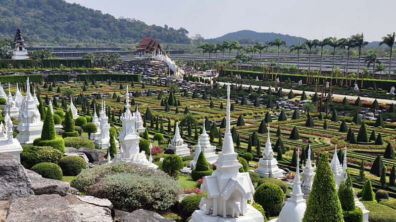 marvelous nong nooch gardens in thailand, statues, oriental, flowers, gardens, palms, HD wallpaper