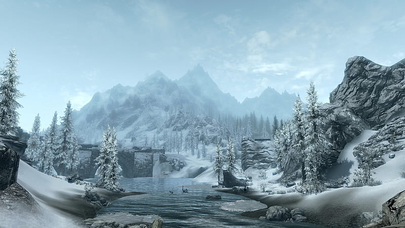 Skyrim: Snowy mountains, snow, mountains, nature, skyrim, scenery, landscape, HD wallpaper