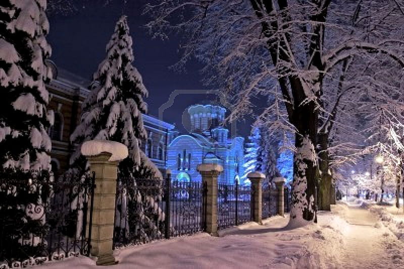 Holy Trinity church Banja Luka, church, snow, night, winter, HD wallpaper