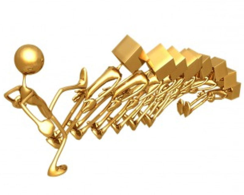 Domino Effect, 3d, gold figures, falling over, line, HD wallpaper