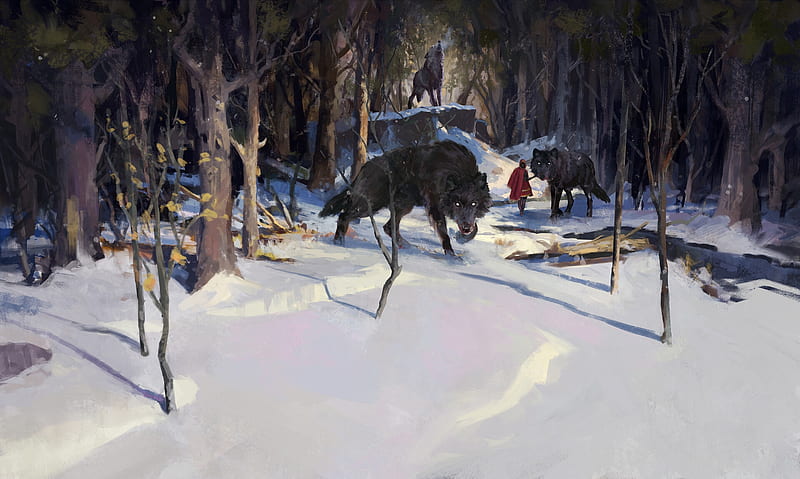Little Red and the pack, girl, black, wolf, white, pack, winter, art, forest, red riding hood, fantasy, HD wallpaper