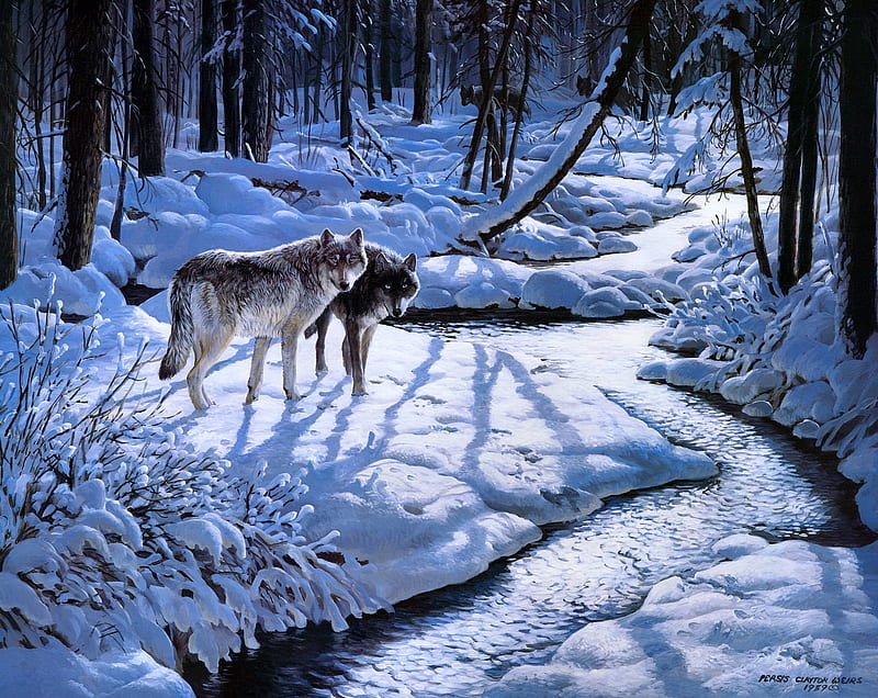 Wolves, art, persis clayton weirs, painting, lup, wolf, pictura, winter, iarna, HD wallpaper