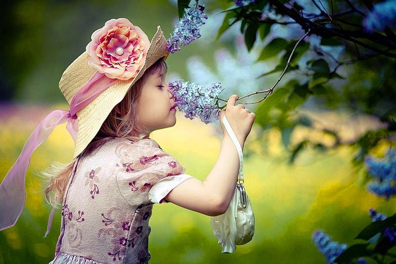 Little girl and lilac - spring life, lilac, dress, little, elegant, sweet, smells, elegance, young, people, feminine, flowers, beauty, pink, blue, life, soft, spring, sky, hat, girl, purple, smell, nature, HD wallpaper