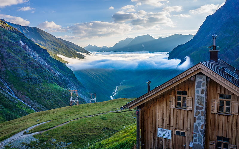 Refuge in Pitztal, Austria, Alps, Mountains, Sky, Clouds, Landscapes, Nature, HD wallpaper