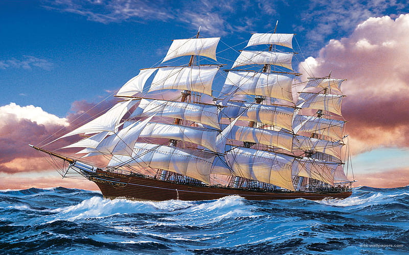 Cutty Sark, painting, tallshp, sailship, ocean, HD wallpaper