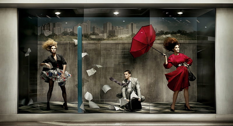 :), man, storm, shop, red, window, wind, umbrella, advertise, add, girl, people, commercial, funny, HD wallpaper
