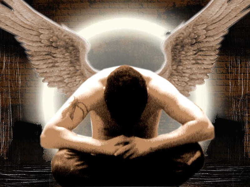 Sad Angel, fantasy, wings, angel, sad, man, abstract, HD wallpaper