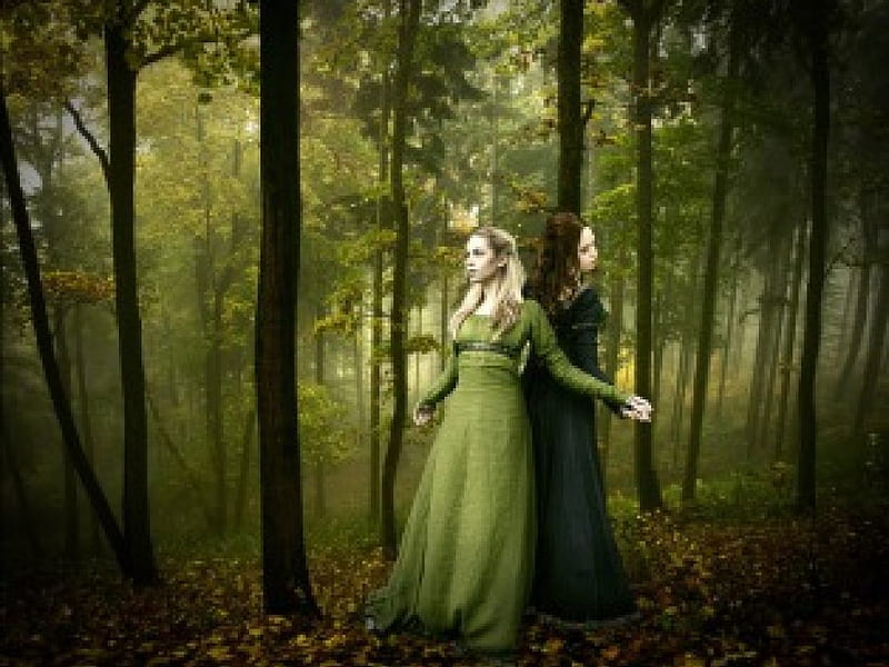 Anika and Elena, forest, girls, fantasy, green, HD wallpaper