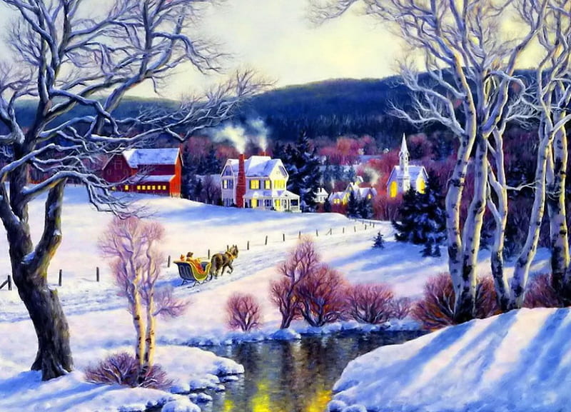 Winter countryside, cottages, bonito, cold, countryside, nice, calm, painting, village, river, reflection, sledge, frost, art, quiet, lovely, rise, view, holiday, christmas, houses, town, new year, trees, santa, serenity, snow, ice, peaceful, day, nature, frozen, sinter, HD wallpaper