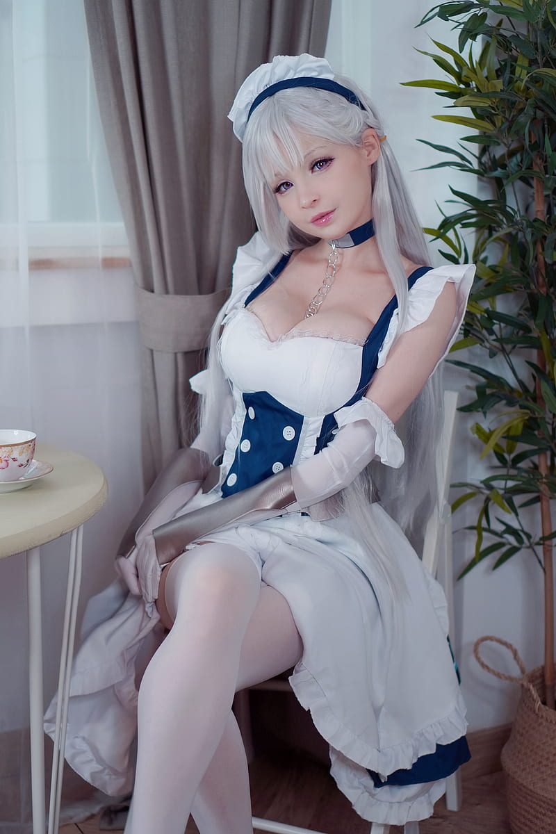 Hidori Rose, women, model, cosplay, Belfast (Azur Lane), Azur Lane, video games, video game girls, maid, maid outfit, dress, sitting, cleavage, elbow gloves, arm warmers, looking at viewer, parted lips, lingerie, stockings, white stockings, legs crossed, vertical, portrait display, indoors, women indoors, white hair, bangs, long hair, pink lipstick, HD phone wallpaper