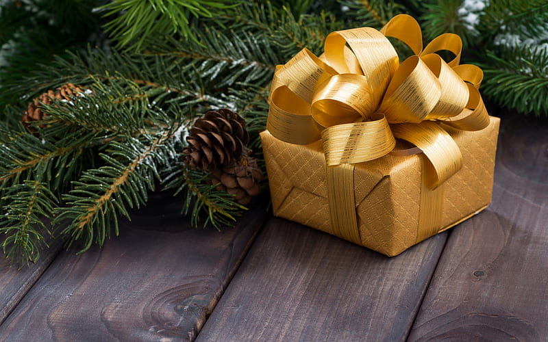Golden Christmas gift, golden box, golden silk bow, Christmas, New Year, HD wallpaper