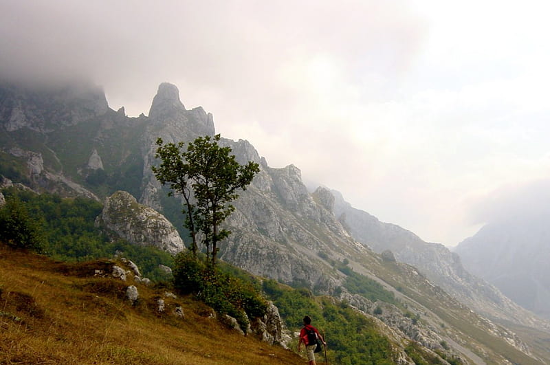 Trekker, mountain, nature, climb, spain, HD wallpaper